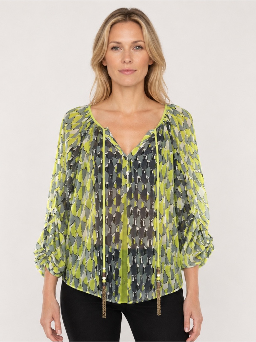 CARMEN MARC VALVO Graphic Print Peasant Top, Neon Yellow/Gray, Size Large